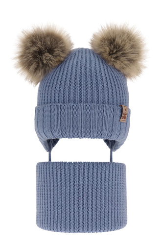 Dreng vintersæt: hue og halsvarmer, blå, med bindebånd, med merinould, Konor